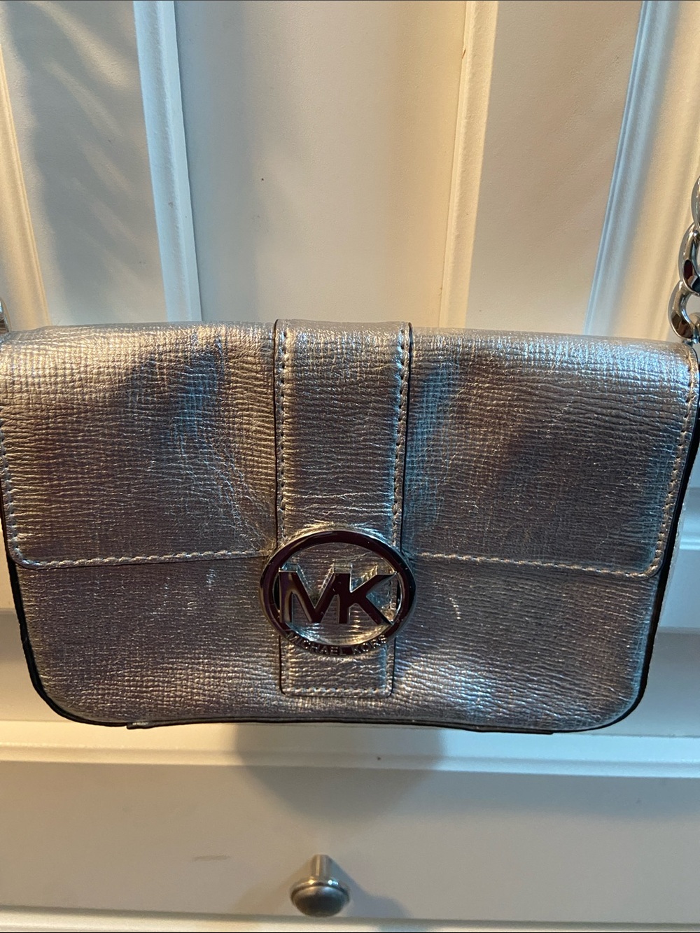 Michael Kors Metallic Silver MK Logo Crossbody Bag